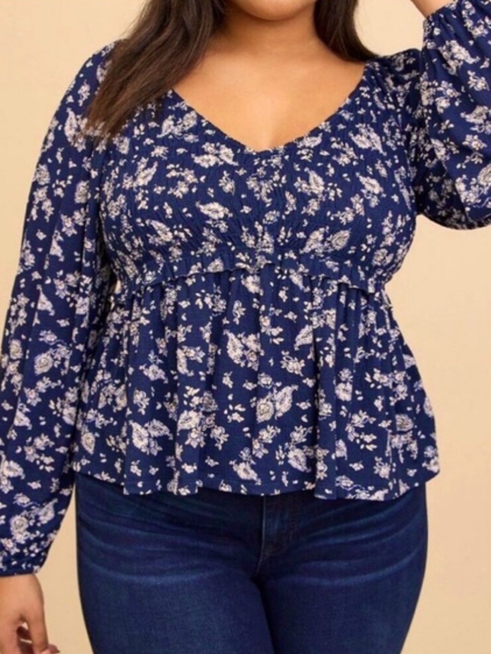 Torrid Tiered Long Sleeve Boho Floral Print Blouse Blue Plus Size 3X